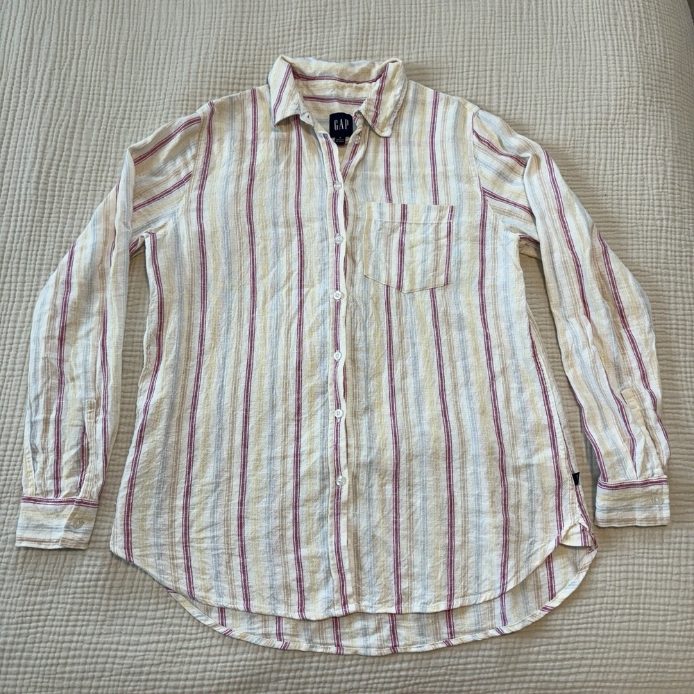 Gap Shirt Womens Small Linen Blend Boyfriend Rainbow Striped Button Up Top Beach